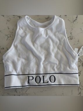 Polo White Ribbed Logo Crop tank or sports bra